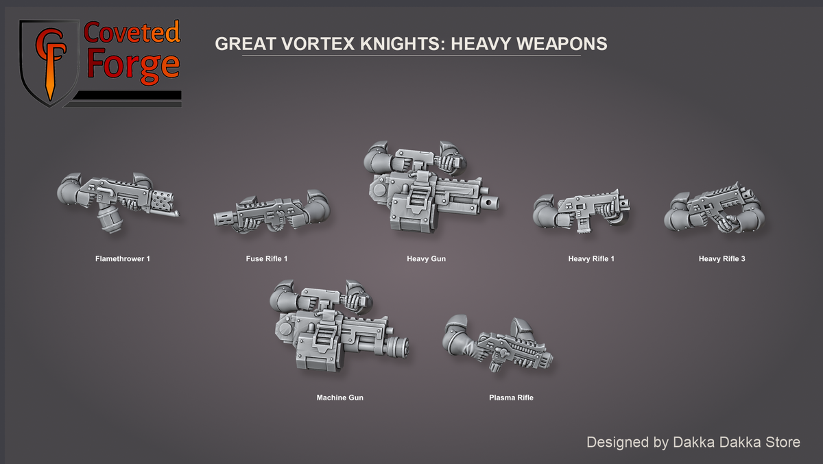 Coveted Forge bits sheet: Heavy Weapons, Great Vortex Knights build kit, every part labelled with the name used in the dropdown: flamethrower, fuse rifle, heavy gun, heavy rifles, machine gun, plasma rifle