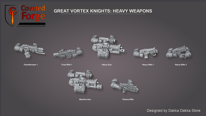 Coveted Forge bits sheet: Heavy Weapons, Great Vortex Knights build kit, every part labelled with the name used in the dropdown: flamethrower, fuse rifle, heavy gun, heavy rifles, machine gun, plasma rifle