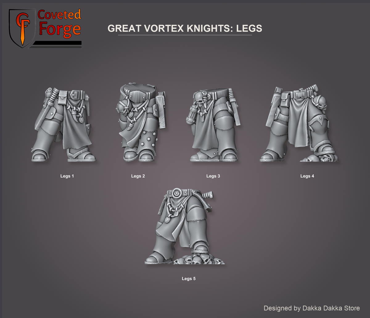 Coveted Forge bits sheet: Legs, Great Vortex Knights build kit, every legs sculpt numbered so a buyer can name one in the order note