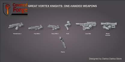 Coveted Forge bits sheet: One-Handed Weapons, Great Vortex Knights build kit, every part labelled with the name used in the dropdown: flamethrower, fuse rifle, heavy rifle, knife, laser rifle, missile launcher, plasma