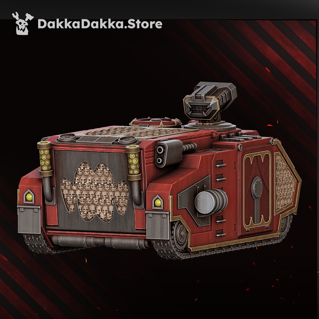 Great Vortex Legion APC, tracked armoured transport with missile launcher and skull-mesh panels, front three-quarter view, sci-fi resin vehicle kit, Dakka Dakka Store render