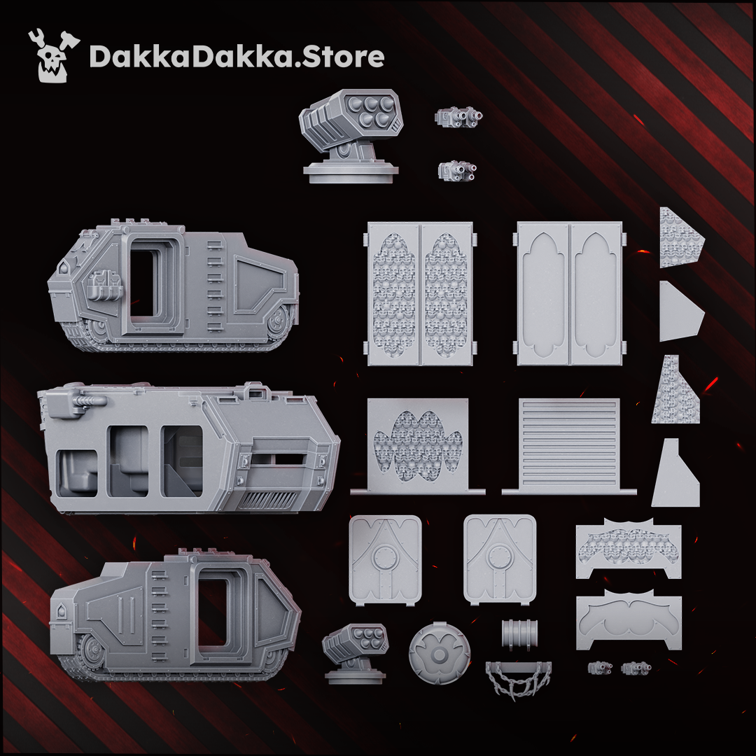 Great Vortex Legion APC parts layout: hull, track units, doors, hatches, armour panels, missile launcher and pintle weapons, Dakka Dakka Store render