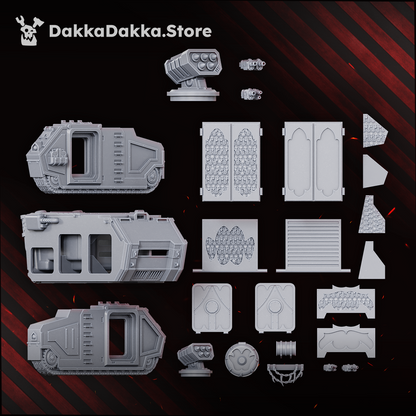 Great Vortex Legion APC parts layout: hull, track units, doors, hatches, armour panels, missile launcher and pintle weapons, Dakka Dakka Store render