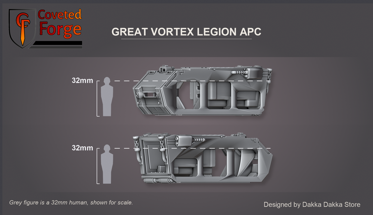 Coveted Forge scale reference: the Great Vortex Legion APC hull, front three-quarter and rear three-quarter views, beside a 32mm human silhouette. Tracks, doors and weapons are separate prints.