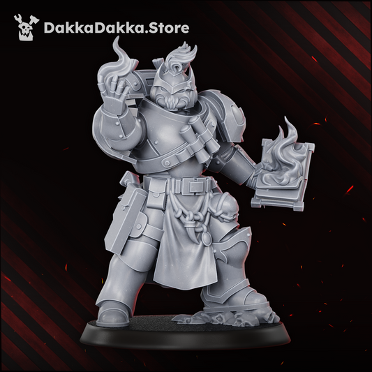 Great Vortex Legionary, power armour sorcerer holding a flame and a burning tome, front view, 32mm resin miniature by Dakka Dakka Store