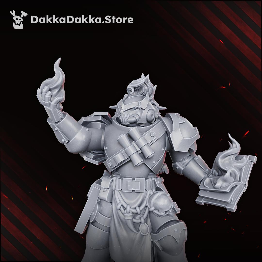 Great Vortex Legionary close-up of the crested helm, scroll-case bandolier and flaming tome, Dakka Dakka Store render