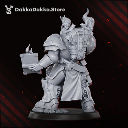 Great Vortex Legionary rear view: backpack, tabard, sheathed blade and burning tome, Dakka Dakka Store render