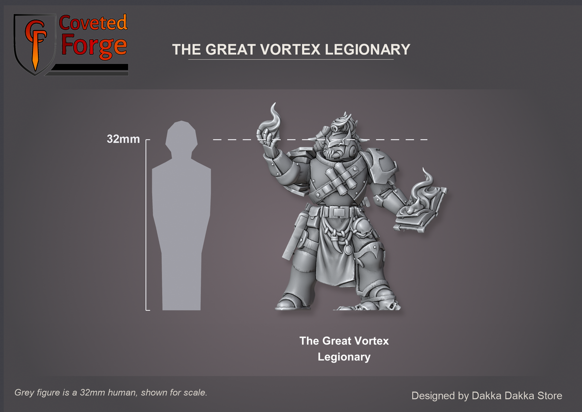 Coveted Forge scale reference: Great Vortex Legionary beside a 32mm human silhouette