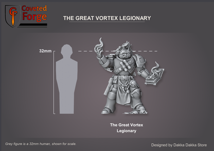 Coveted Forge scale reference: Great Vortex Legionary beside a 32mm human silhouette