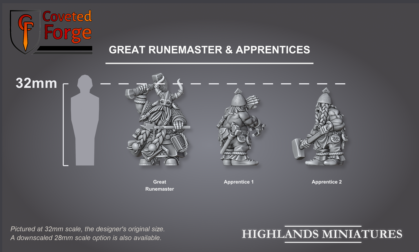 Great Runemaster and two apprentices, with a 32mm human for scale
