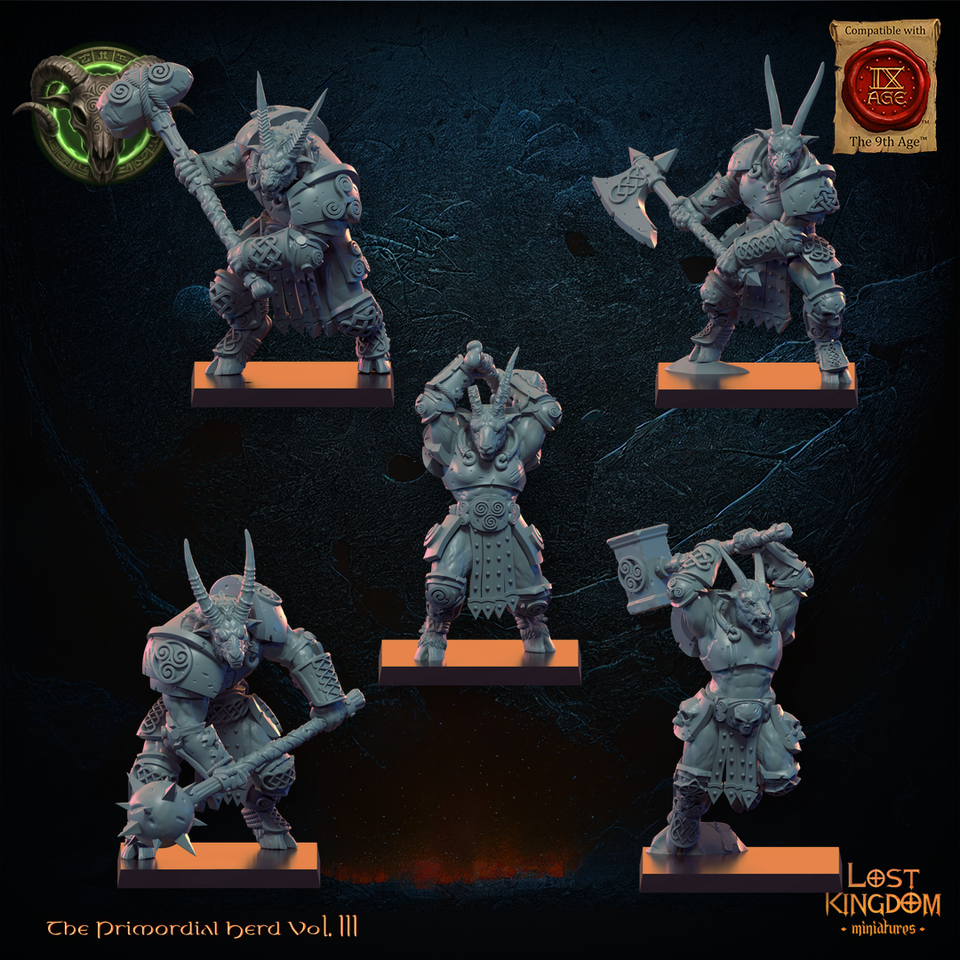 Longhorn Herd Models 1 to 5, goat-horned beastmen with hand weapons and shields, front view, resin miniatures by Lost Kingdom Miniatures