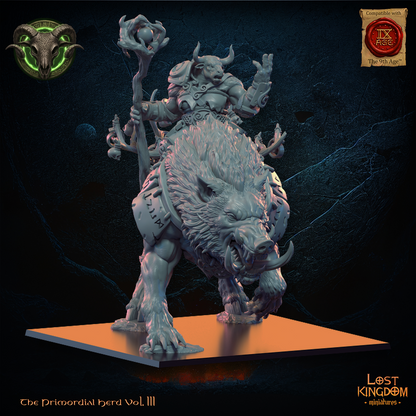 Minotaur Druid, three-quarter view from the right, Lost Kingdom Miniatures render