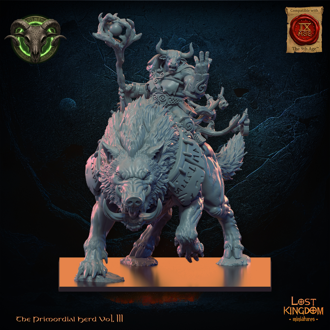 Minotaur Druid with crescent-moon staff riding a giant tusked boar, front view, resin miniature by Lost Kingdom Miniatures
