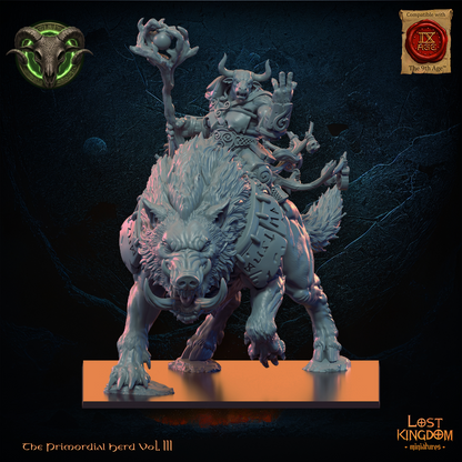 Minotaur Druid with crescent-moon staff riding a giant tusked boar, front view, resin miniature by Lost Kingdom Miniatures
