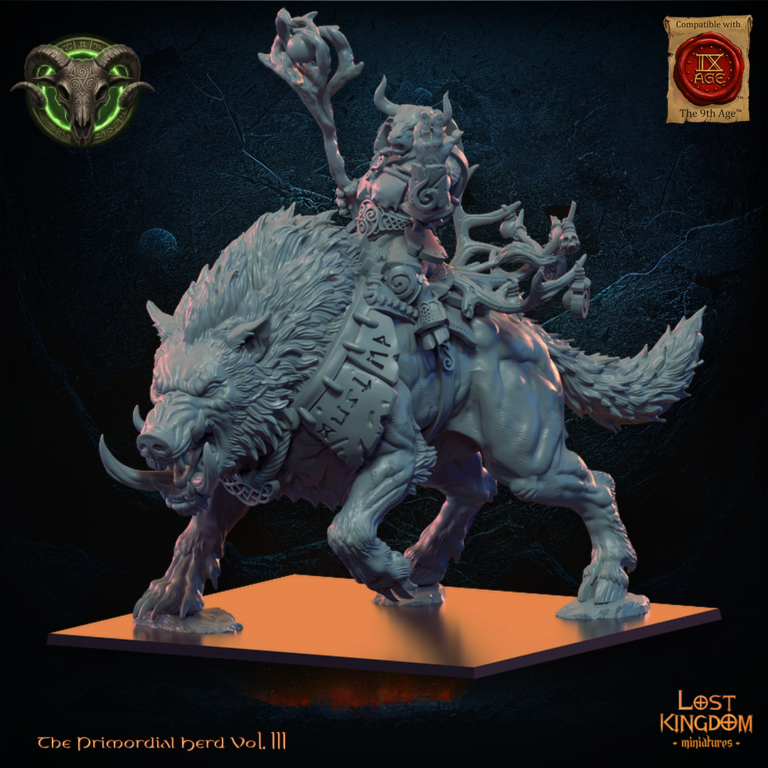 Minotaur Druid, three-quarter view from the left, Lost Kingdom Miniatures render