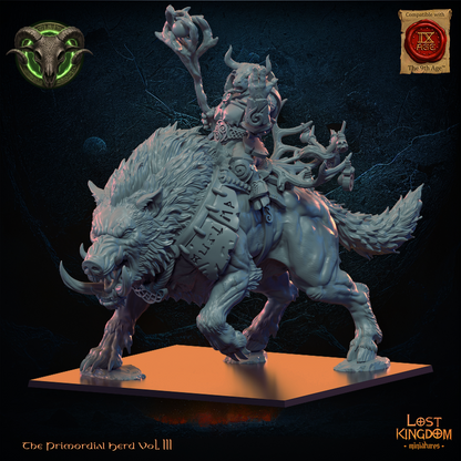 Minotaur Druid, three-quarter view from the left, Lost Kingdom Miniatures render