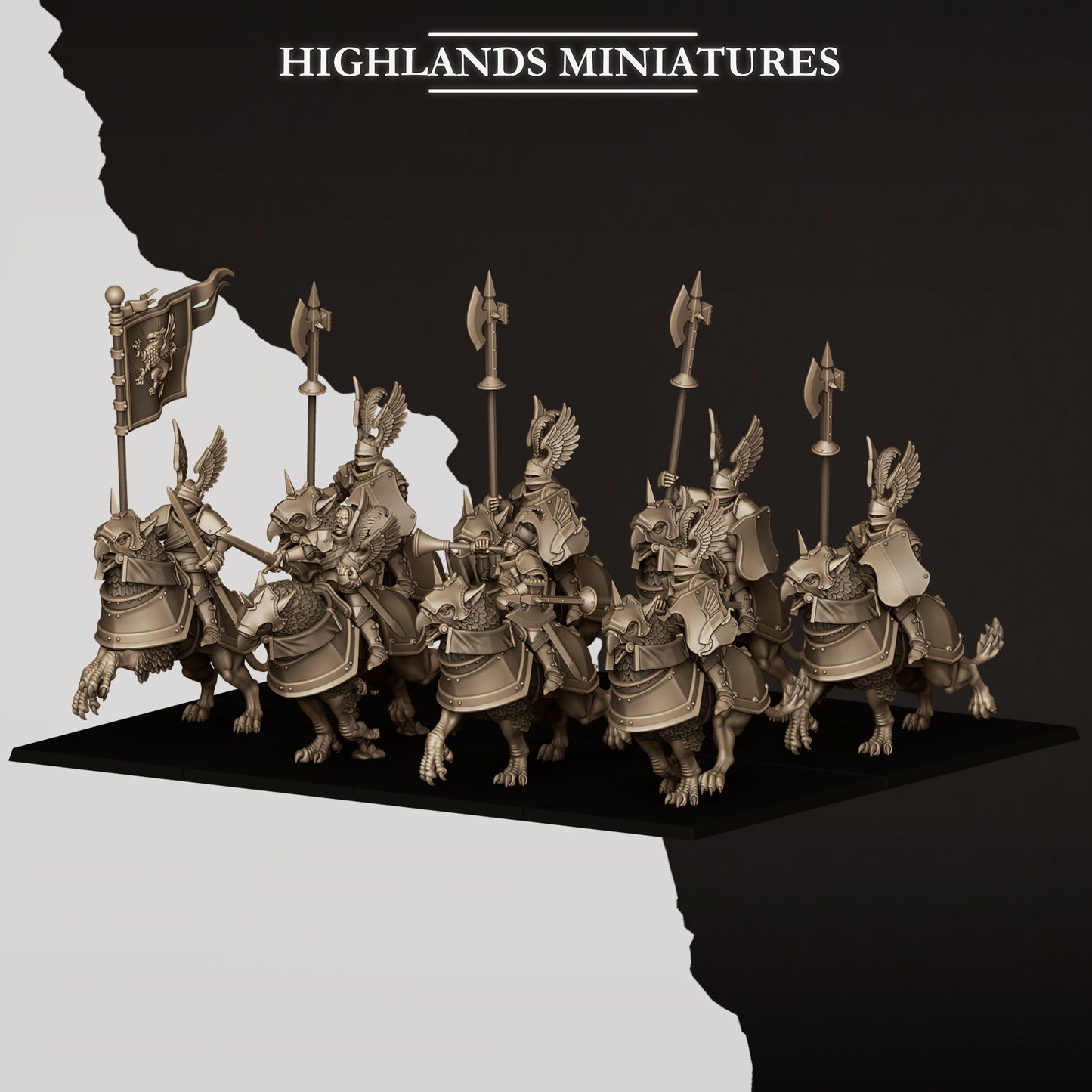 Sunland knights charging on armoured wingless gryphons as a cavalry unit, by Highlands Miniatures