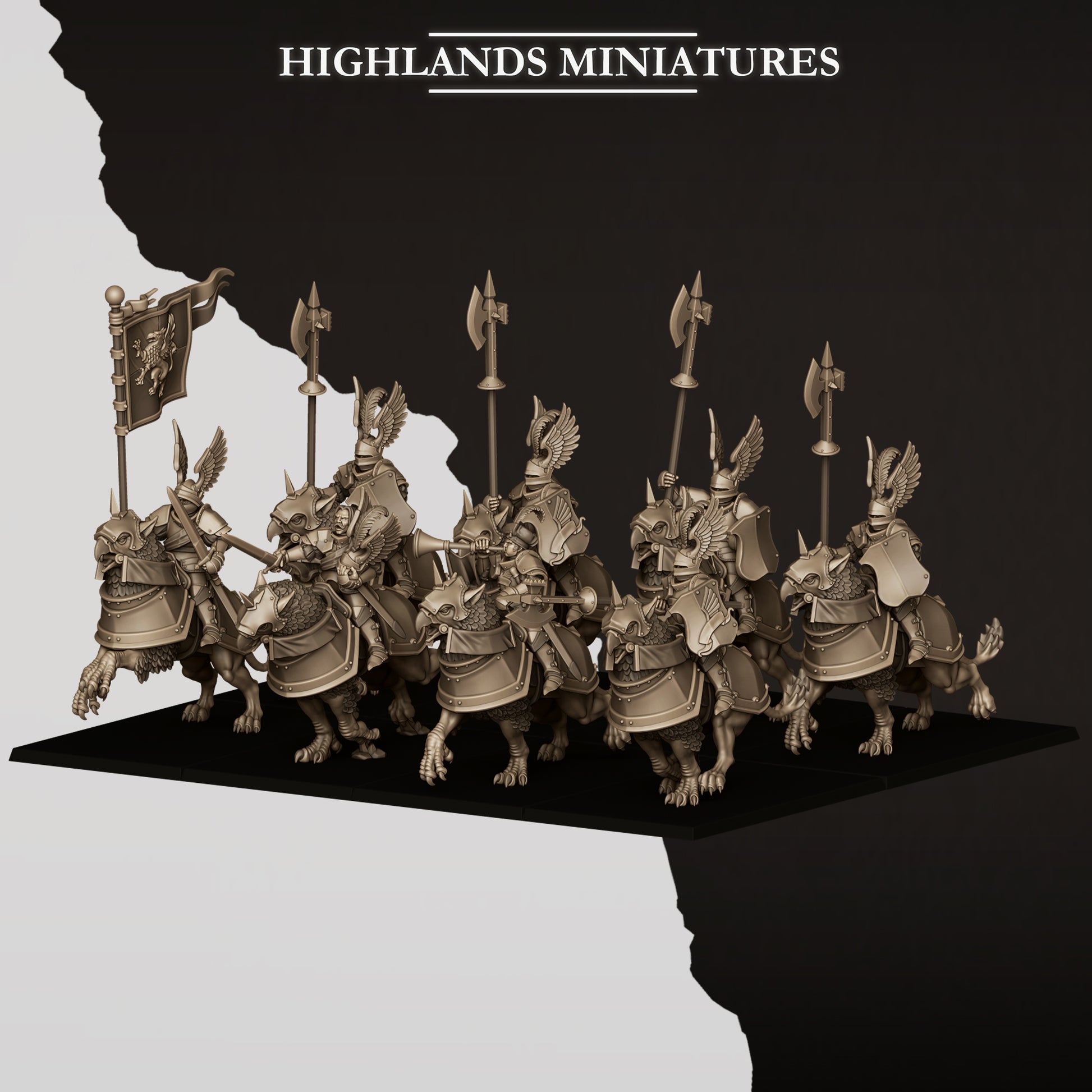 Sunland knights charging on armoured wingless gryphons as a cavalry unit, by Highlands Miniatures