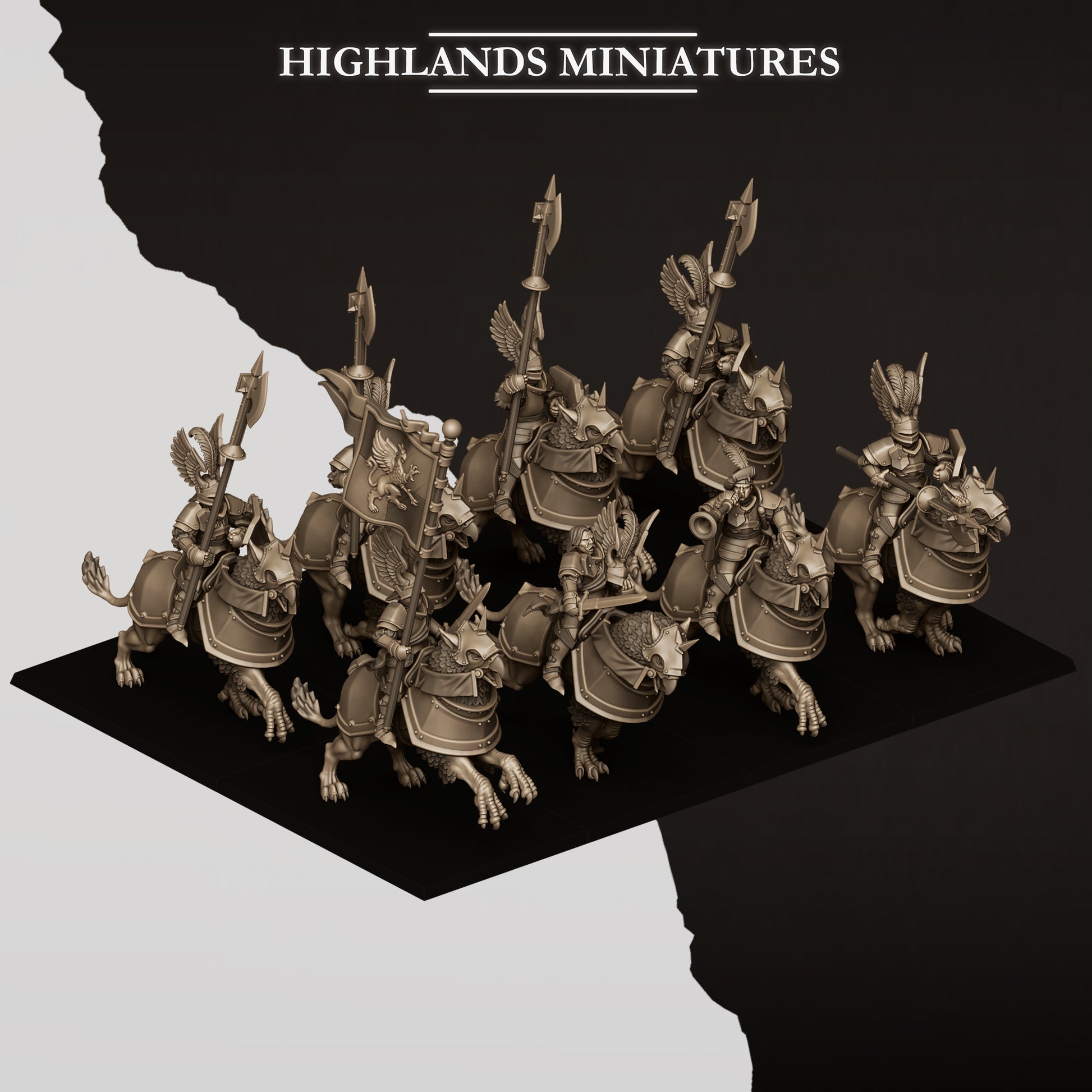 Sunland wingless gryphon knights ranked as a heavy cavalry unit, resin miniatures by Highlands Miniatures
