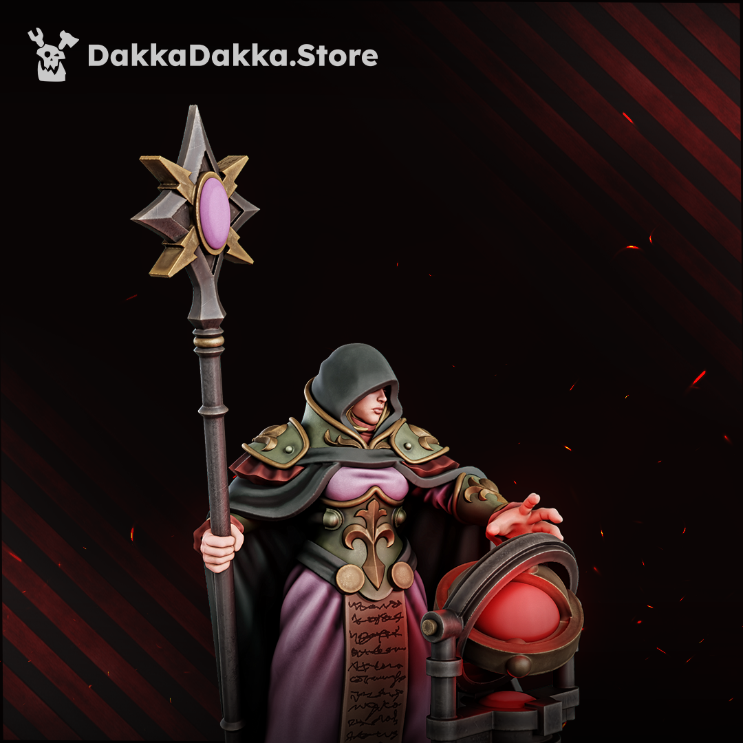 Guide Master close-up: hooded face, armoured pauldrons and hand over the orb, Dakka Dakka Store render