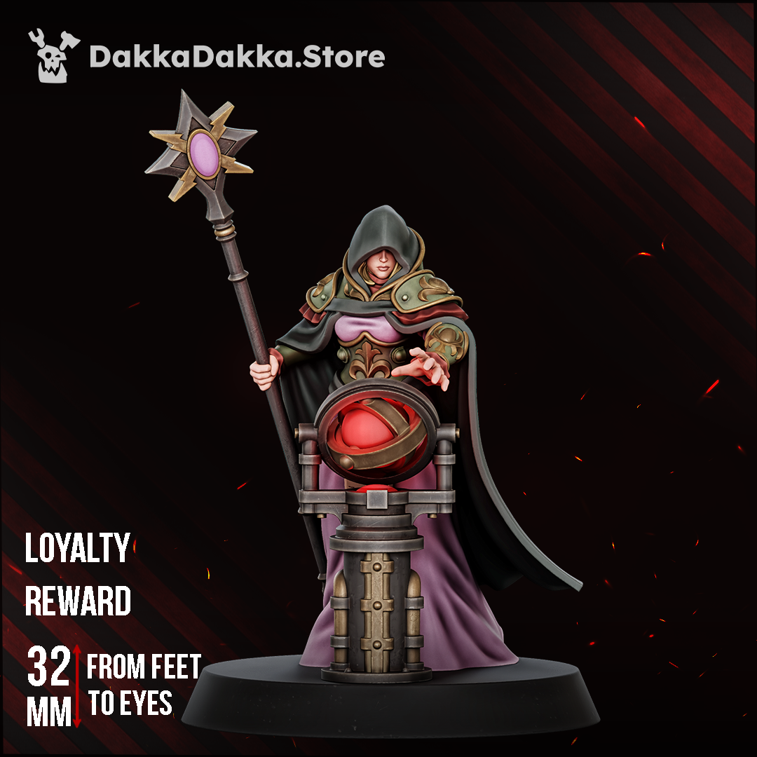 Guide Master, female hooded sci-fi seer with a star staff and glowing orb pedestal, 32mm resin miniature by Dakka Dakka Store