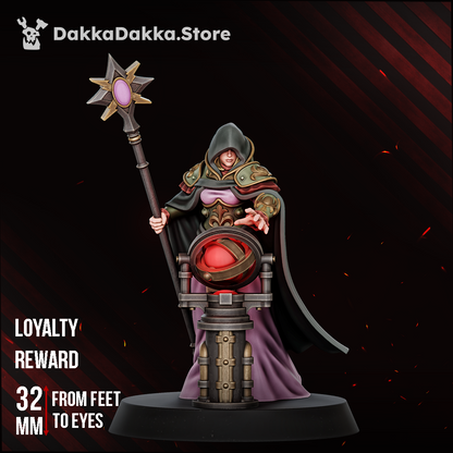 Guide Master, female hooded sci-fi seer with a star staff and glowing orb pedestal, 32mm resin miniature by Dakka Dakka Store