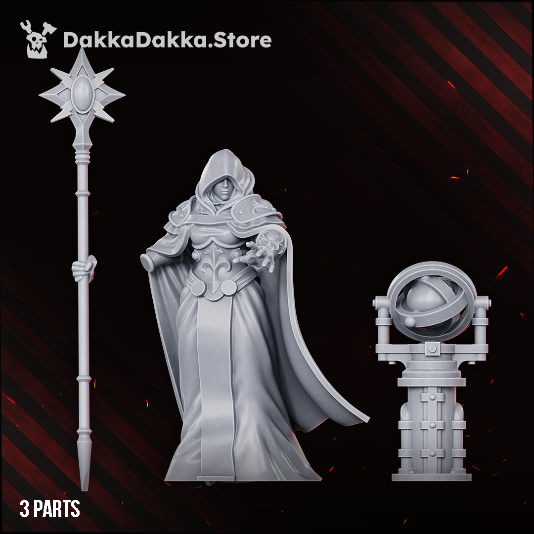 Guide Master parts: robed figure, staff with hand and orb pedestal, three prints, Dakka Dakka Store render