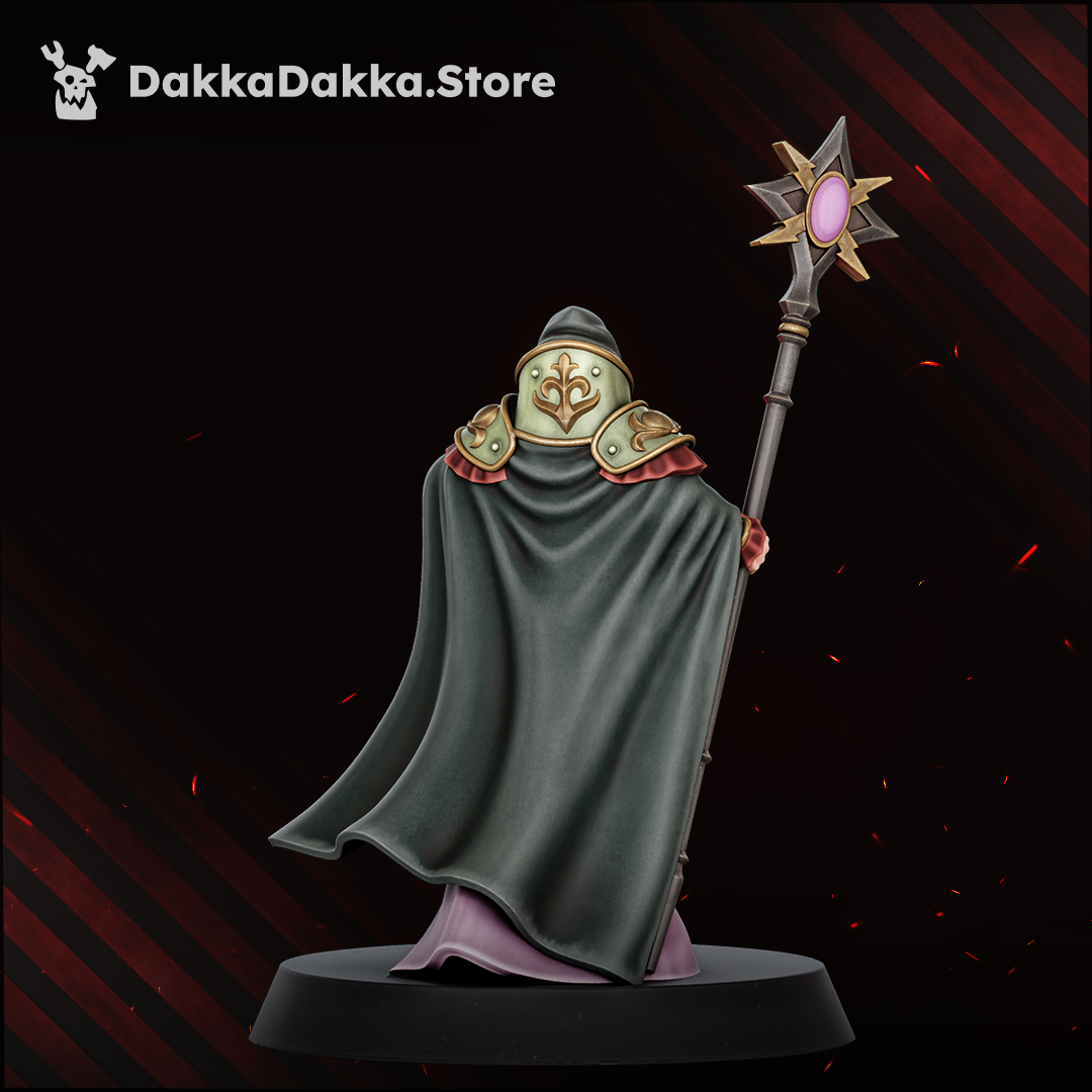 Guide Master rear view: long cloak, armoured collar and staff, Dakka Dakka Store render