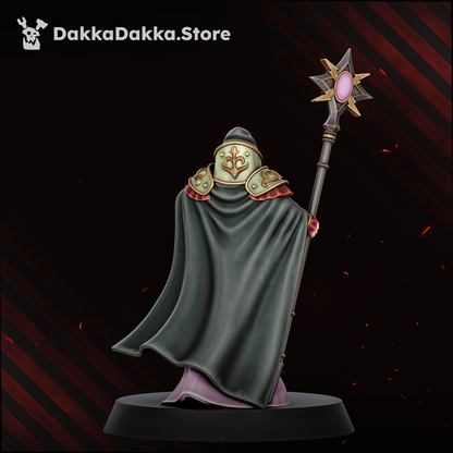 Guide Master rear view: long cloak, armoured collar and staff, Dakka Dakka Store render