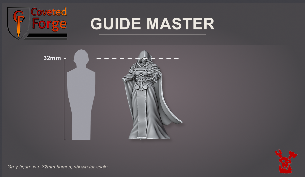 Coveted Forge scale reference: Guide Master beside a 32mm human silhouette