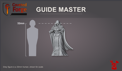 Coveted Forge scale reference: Guide Master beside a 32mm human silhouette