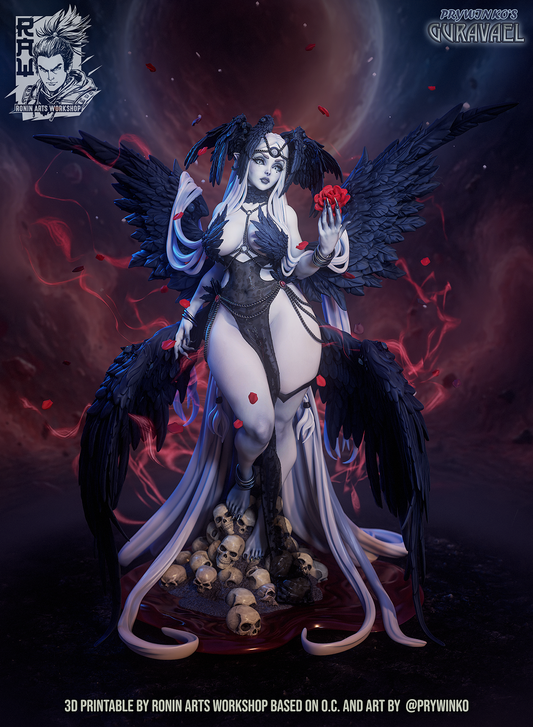 Guravael, angel of death pin-up display figure in colour, Clothed style on the Blood pool base, with black wings, ravens and a red rose, designer render by Ronin Arts Workshop of Prywinko's character.