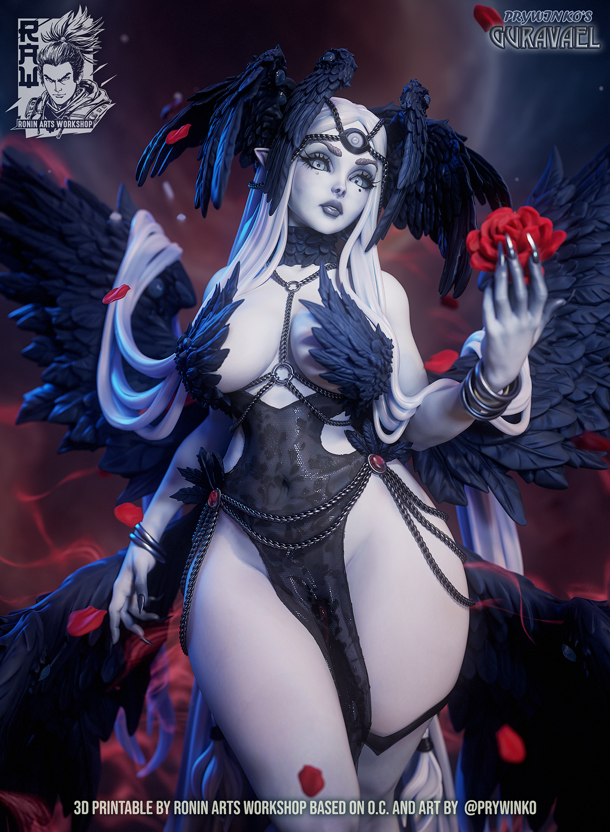 Guravael, close-up of the raven headdress, harness and rose, colour render by Ronin Arts Workshop.
