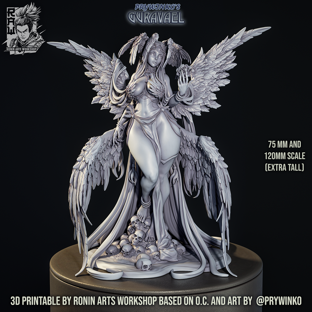 Guravael on the Blood pool base, the skull pile in a smooth pool, grey sculpt render by Ronin Arts Workshop.