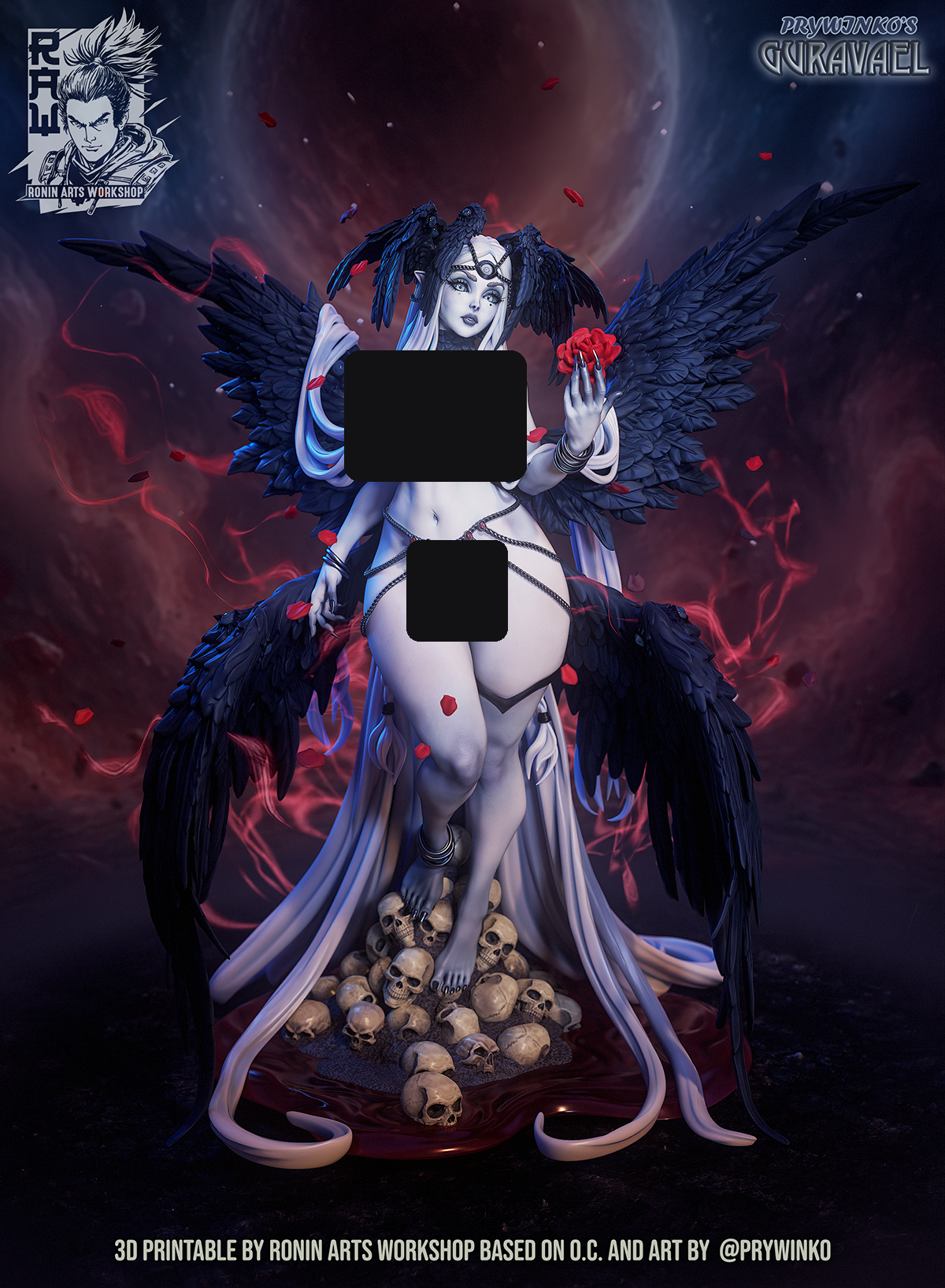 NSFW: Guravael, the Nude style of the angel of death pin-up, designer render with censored areas, by Ronin Arts Workshop.