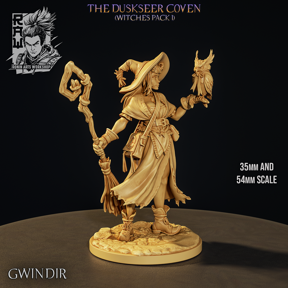 Gwindir the Seeker, Duskseer Coven witch miniature with pointed hat, owl familiar and staff broom on her rocky scenic base, grey sculpt render by Ronin Arts Workshop.