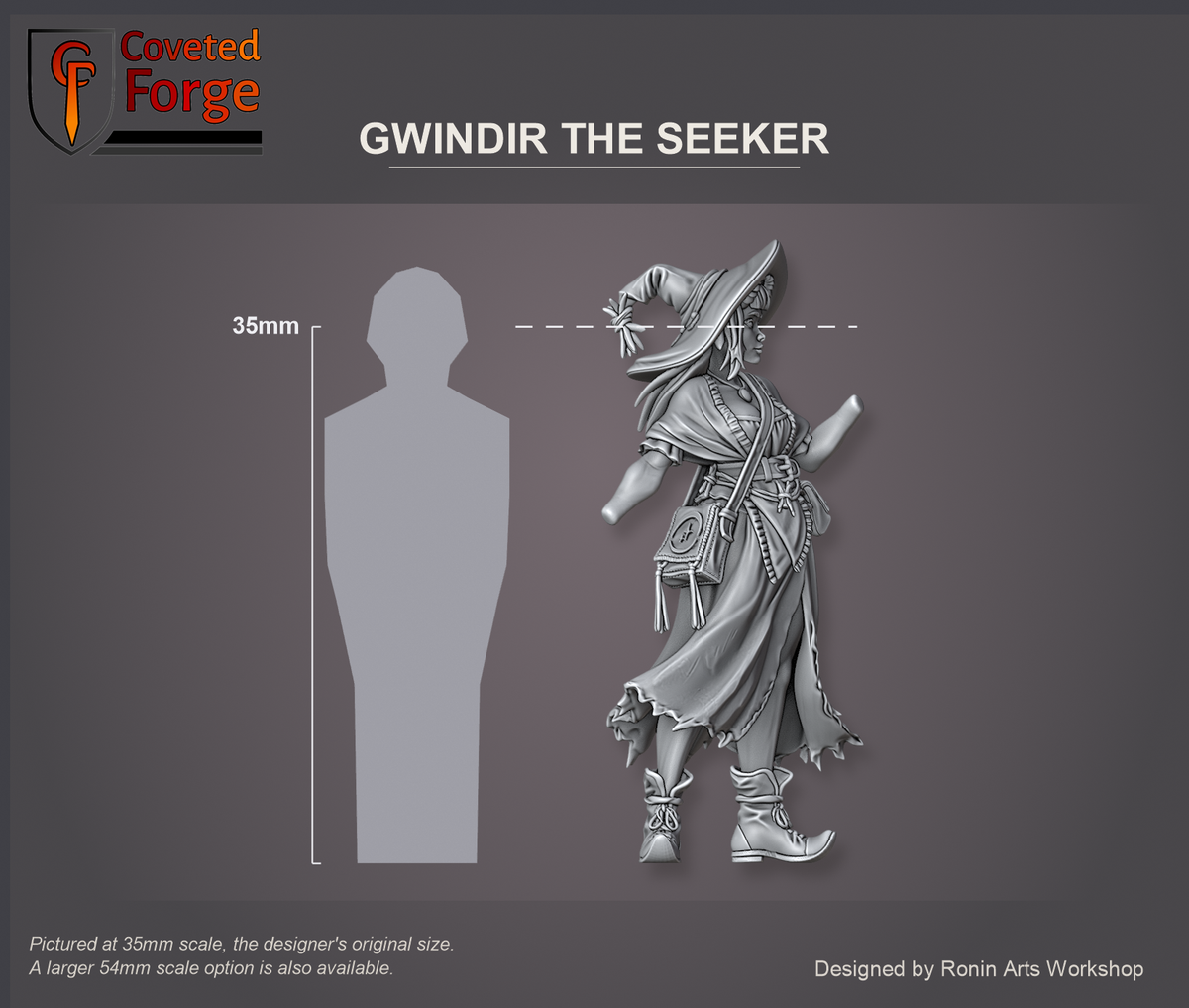 Coveted Forge scale reference: Gwindir the Seeker's body at 35mm scale, native pose stood upright, beside a 35mm human silhouette; also offered at 54mm