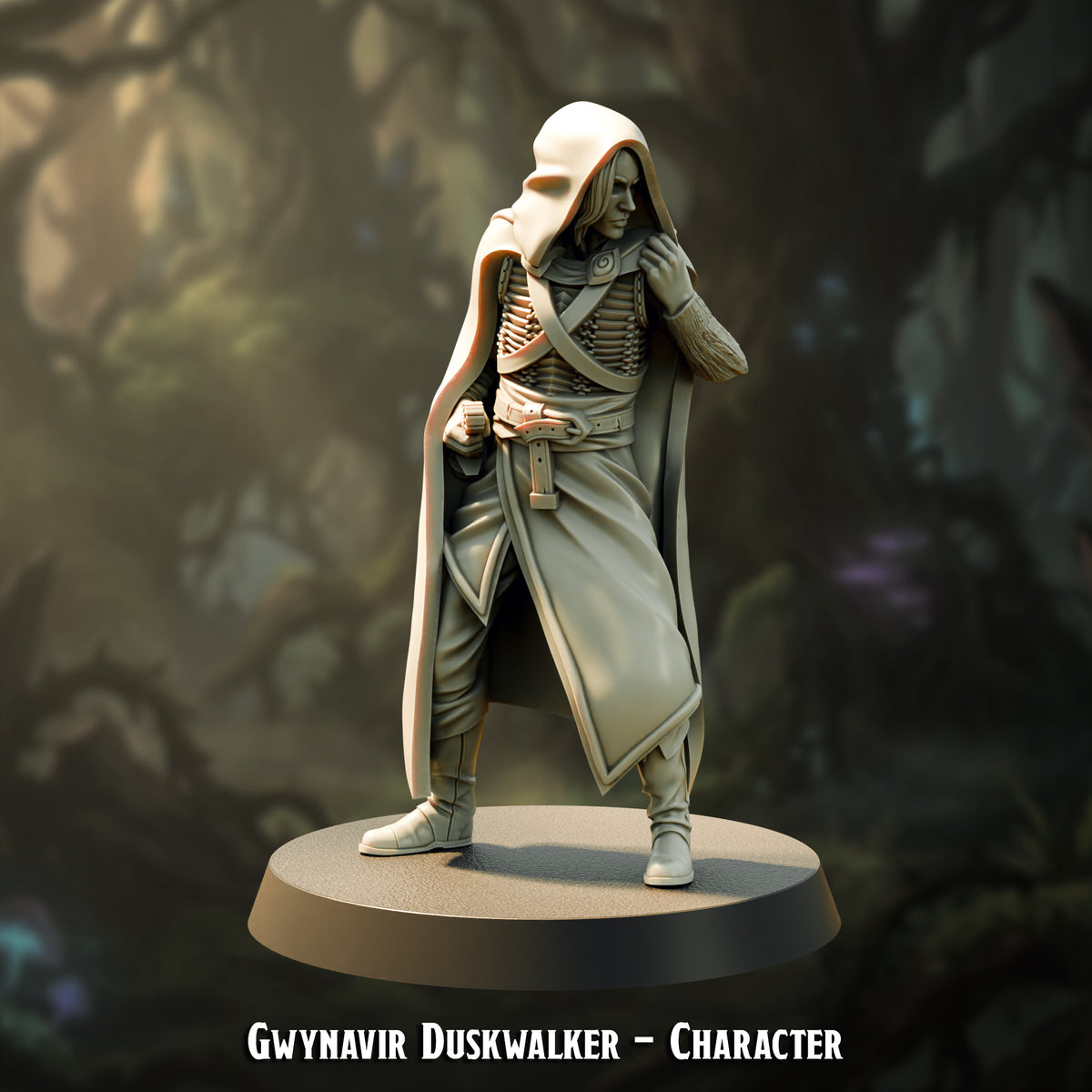 Gwynavir Duskwalker Character, hooded fey elf hero with a raised hand and curved blade on an elven city plate, resin miniature by The Printing Goes Ever On