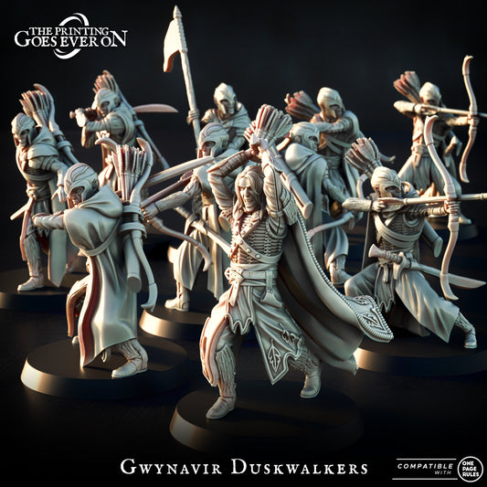 Gwynavir Duskwalkers, the ten fey elf skirmishers with bows, blades, captain and banner bearer, resin miniatures by The Printing Goes Ever On