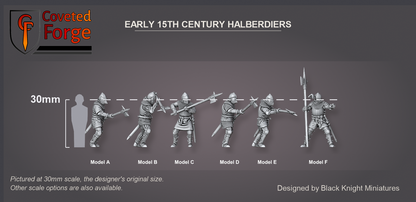 Coveted Forge scale reference: the six Early 15th Century Halberdiers, Model A to F, beside a 30mm human silhouette; each model is a single print with its halberd