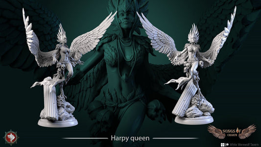 Harpy Queen, two views of the winged female harpy with a tall feathered crown over a broken column and fallen statue head, grey resin renders by White Werewolf Tavern.