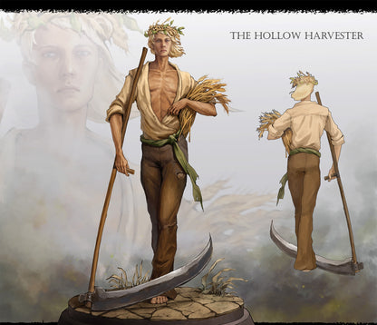 Painted studio art of the Hollow Harvester, front and back views, showing the wheat sheaf, sash and scythe.