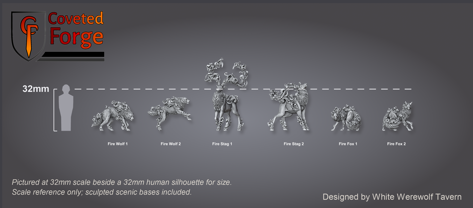 Hellbeasts scale lineup, six beasts beside a 32mm human silhouette