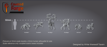 Hellbeasts scale lineup, six beasts beside a 32mm human silhouette