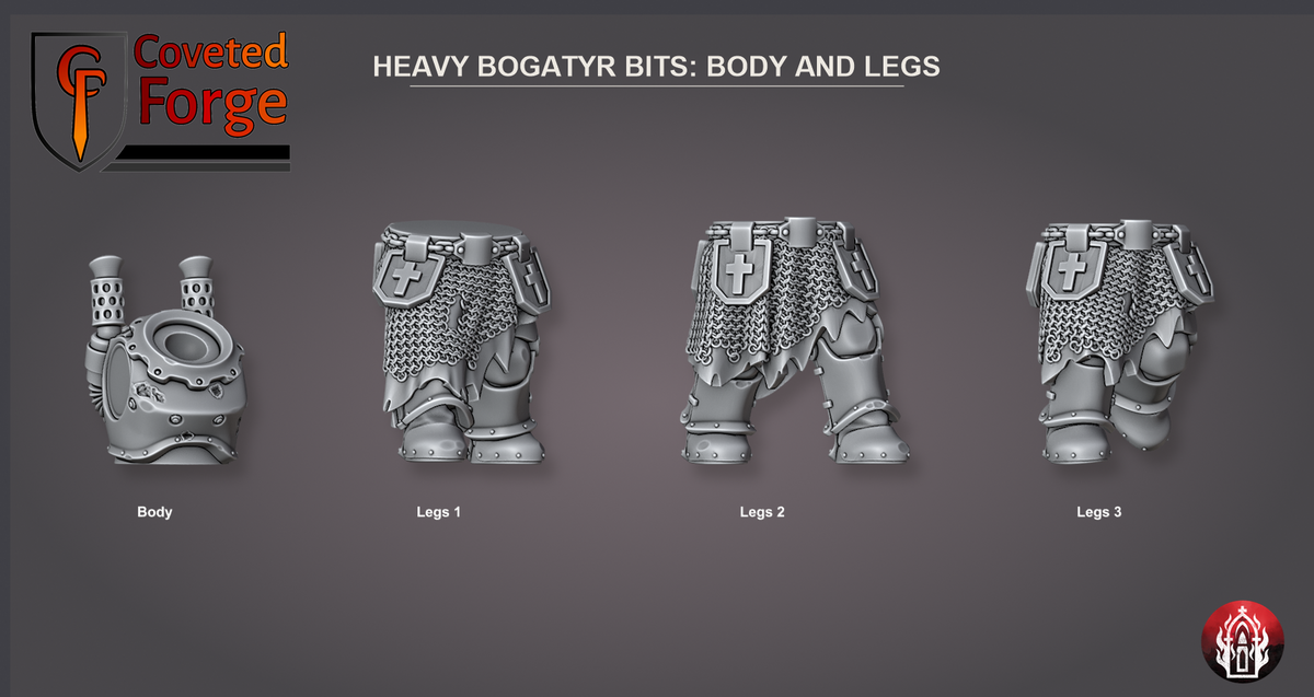 Coveted Forge bits sheet: Bodies and Legs (1 of 5), Heavy Bogatyr Squad build kit, every part labelled as in the dropdown