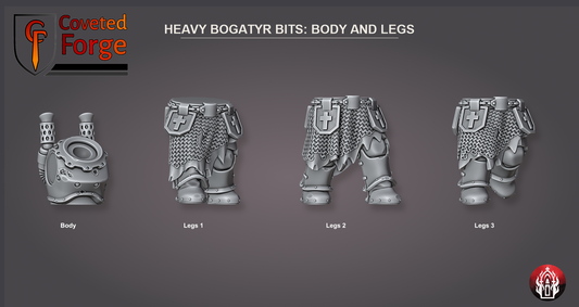 Coveted Forge bits sheet: Bodies and Legs (1 of 5), Heavy Bogatyr Squad build kit, every part labelled as in the dropdown