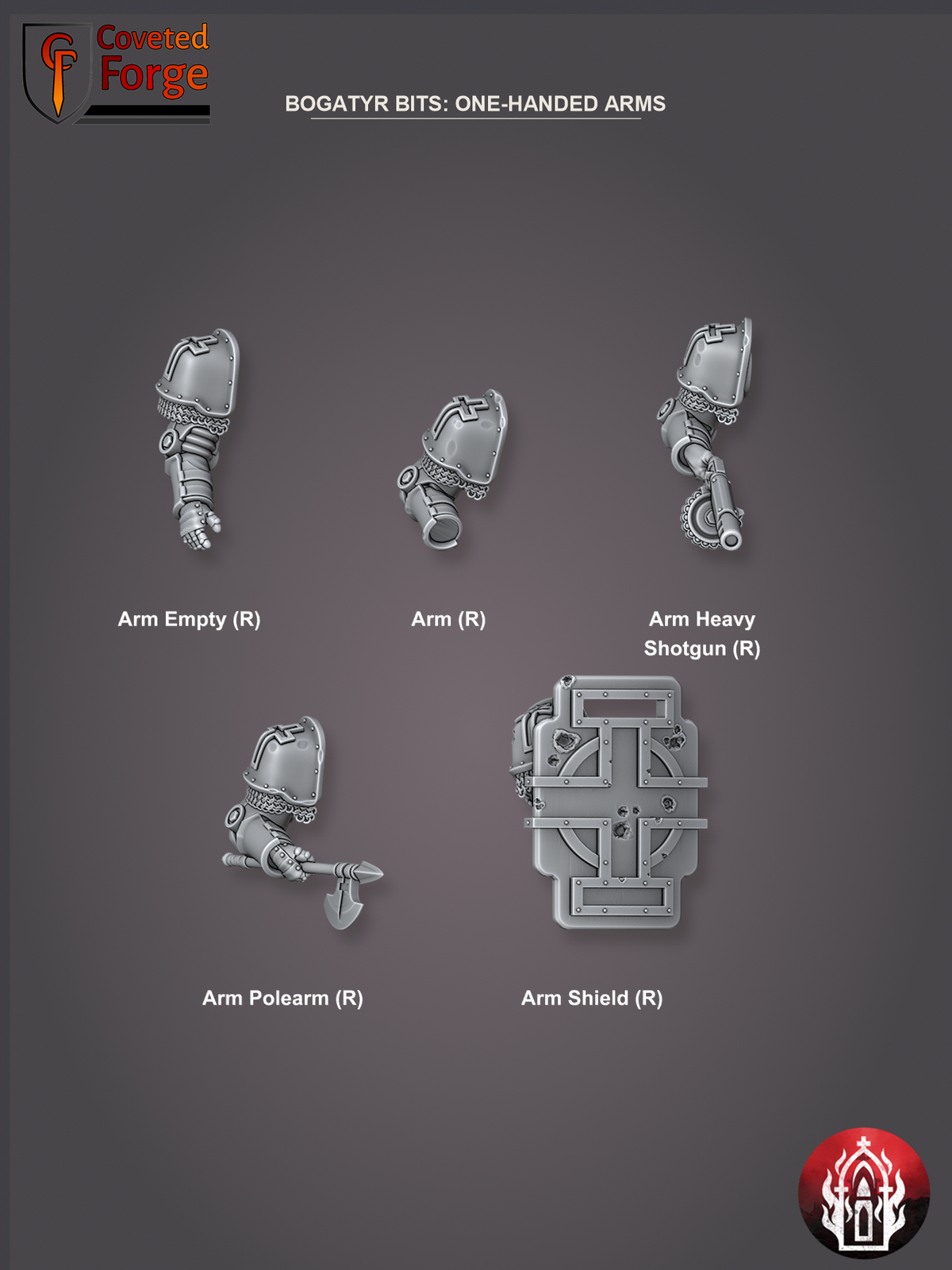 Coveted Forge bits sheet: Arms and Weapons (3 of 5), Heavy Bogatyr Squad build kit, every part labelled as in the dropdown