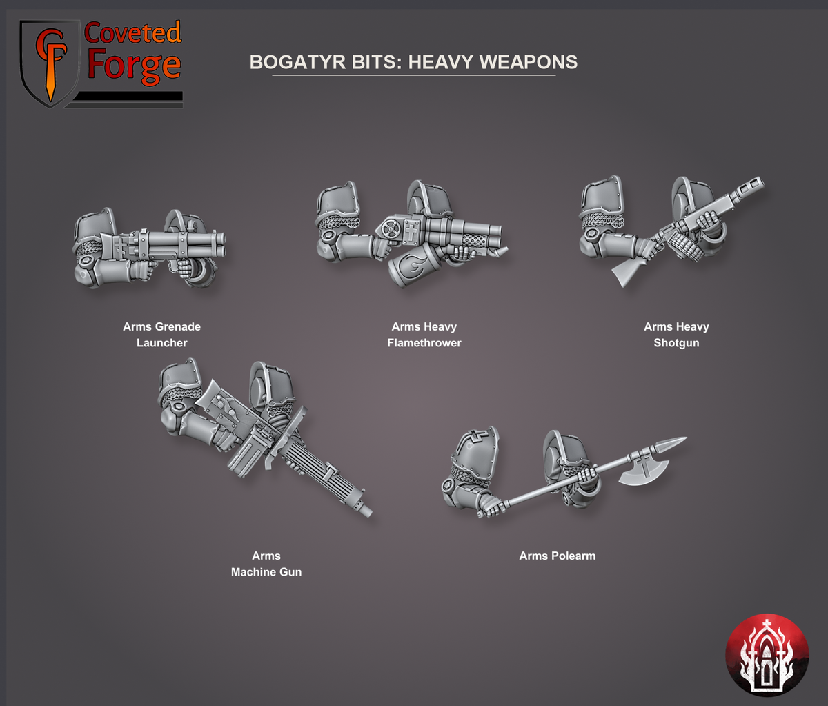 Coveted Forge bits sheet: Heavy Weapons (4 of 5), Heavy Bogatyr Squad build kit, every part labelled as in the dropdown