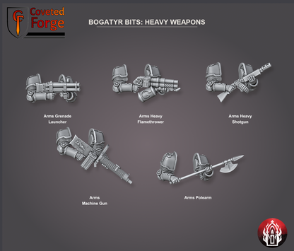 Coveted Forge bits sheet: Heavy Weapons (4 of 5), Heavy Bogatyr Squad build kit, every part labelled as in the dropdown