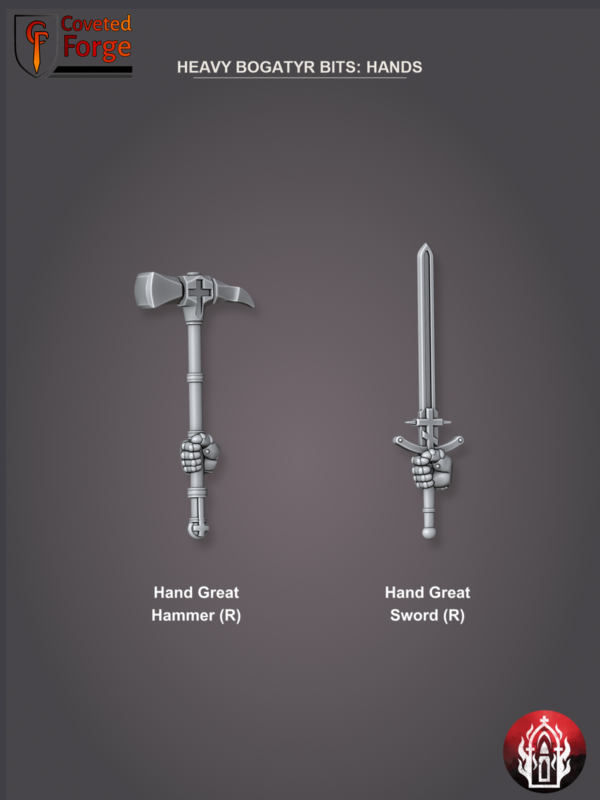 Coveted Forge bits sheet: Hands (5 of 5), Heavy Bogatyr Squad build kit, every part labelled as in the dropdown